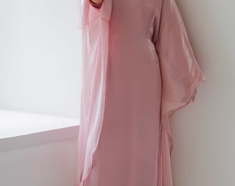 Lyxig kaftan i sidenorganza | Abayaklänning i rosenkvarts | eidfest | bröllop