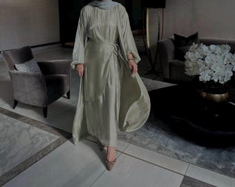 green emerald velvet dress Elyana Pleated Abaya Sage Green main image 0