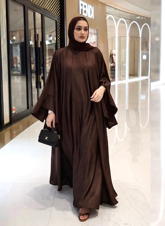 Luxe Brown Satin Abaya - Elegant Eid Party Dress | Wedding Luxe Brown Satin Abaya - Elegant Eid Party Dress | Wedding