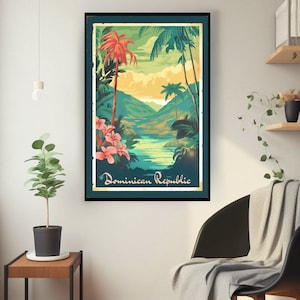 Dominican Republic Travel Poster Vintage Tropical Wall Art Print, Caribbean Island Landscape Decor, Retro Vacation Gift for Travel Lovers