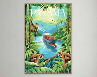 May include: A colorful illustration of a ship traveling through a jungle canal. The ship is red and white with a blue hull. The jungle is lush and green with monkeys hanging from the trees. The text "PANAMA" is written in white letters across the top of the image.