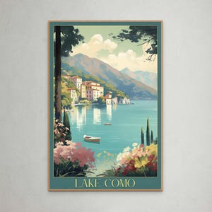 Comer See Vintage Reiseplakat - Serene italienische Seeszene mit bunten Villen und Bergen, perfekt für Wohnkultur