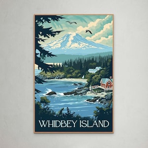 Poster de voyage sur l'île de Whidbey dans l'État de Washington - Arbres à feuilles persistantes luxuriants, eaux côtières et silhouette du mont Rainer