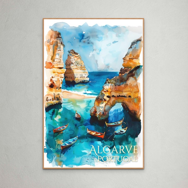 Algarve Coastline Art Print - Colorful Seaside and Fishing Boats, Portuguese Beach Decor, Vibrant Watercolor Landscape