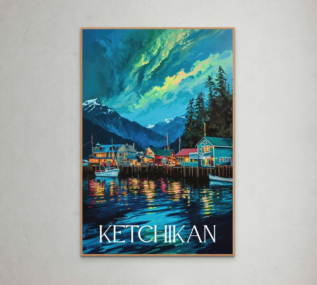 Ketchikan Alaska Art Print - Vibrant Nighttime Harbor Scene, Colorful ...