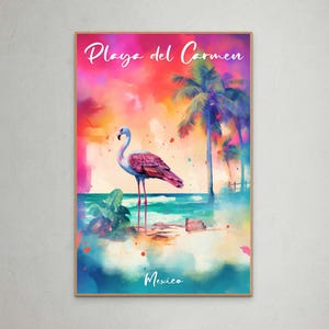 Playa del Carmen Travel Poster: Flamingo & Palm Trees, Tropical Beach Art