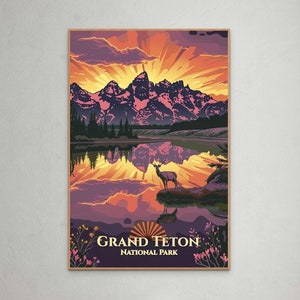 Grand Teton National Park Poster - Vintage Style Wall Art Print einer Malerischen Sonnenuntergang Landschaft mit Wildtieren