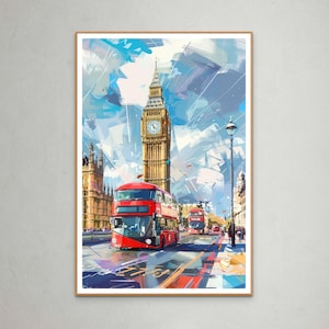 London Big Ben and Red Double-Decker Bus Travel Poster - Vibrant Cityscape Art Print