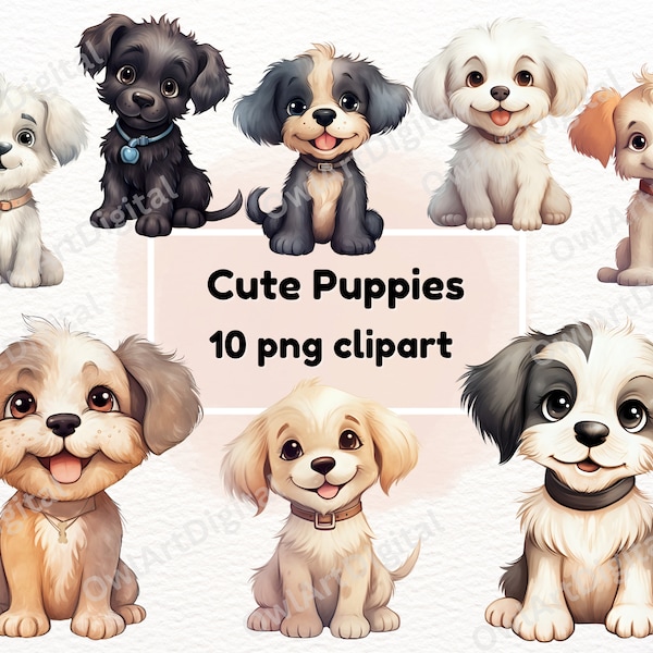 Cute Puppies Clipart, Puppy 10 PNG, Happy Dog Clipart, Dog PNG, Cute Animals, Watercolor Puppies, Digital Download