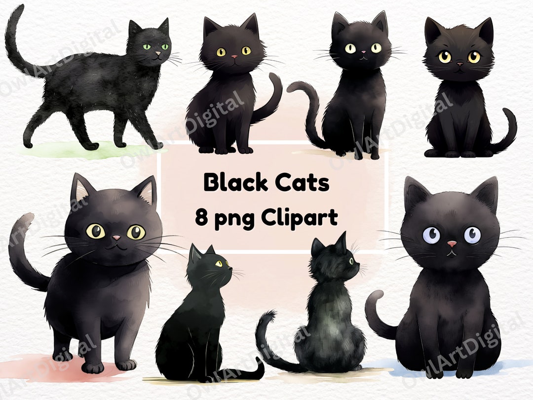 Black Cat Watercolor Clipart 8 PNG Bundle, Cute Kittens Decor, Witch's ...