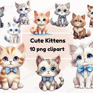 Cute Kittens Watercolor Clipart Bundle of 10 PNG, Watercolor Cartoon Cats, Transparent Background, Digital Download