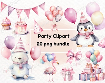Pink Birthday Clipart 20 PNG, Baby Pink Party Clipart, Baby Shower PNG, It's a Girl, Watercolor Balloons, Birthday Party
