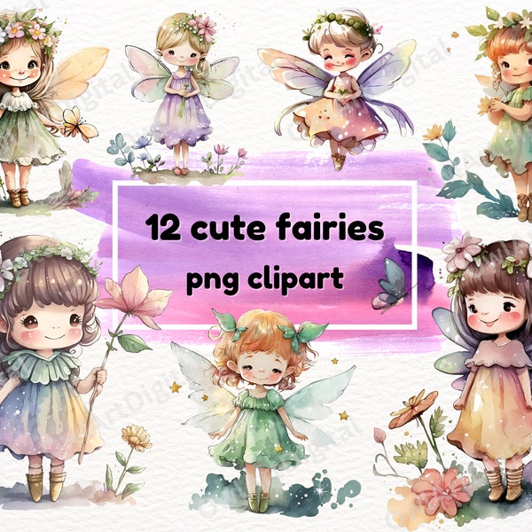 Cute Little Fairy Clipart Watercolor, 12 png Baby Fairies, Fairy Tale Magic Clipart, Magic PNG, Transparent Background, Instant Download