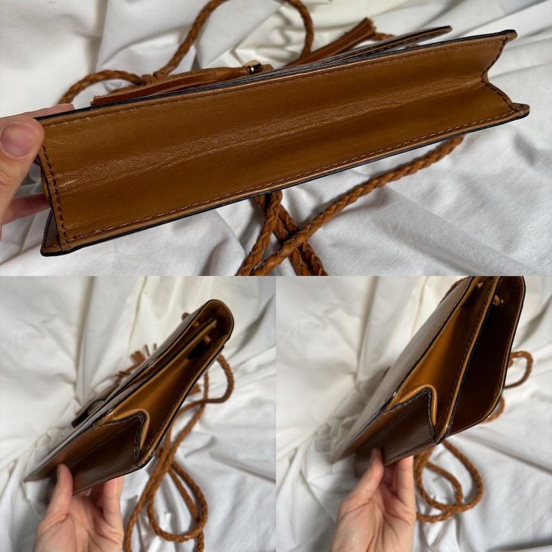 May include: A brown leather crossbody bag with a braided strap and tassel detail. The bag has a rectangular shape with a flap closure and a light brown interior. The bag is shown from multiple angles.
