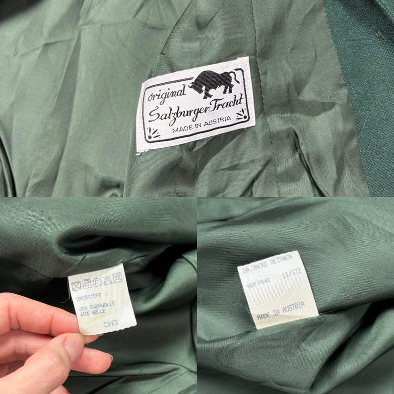 May include: Close-up of a green garment with multiple tags. One tag reads "original Salzburger Tracht MADE IN AUSTRIA" with a bull logo. Another tag shows size 36. The garment's interior is visible.