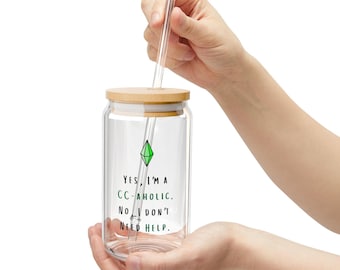 Glazen beker CC-Aholic | Op De Sims geïnspireerde drinkgerei van 16 oz met bamboe deksel en rietje