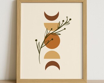 Boho maanfase botanische print: minimalistische beige muurkunst