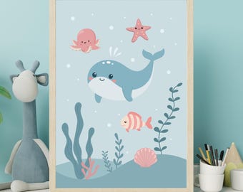 Oceaan dieren kinderkamer kunstprint | Rustgevend onderwaterdecor
