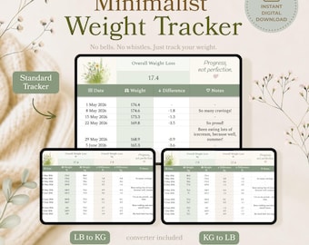 Minimalist Simple Weight Loss Tracker Spreadsheet, Google Sheets, KG + LB Converter