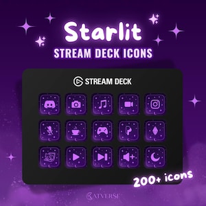 以下が含まれることがあります： 「Starlit STREAM DECK ICONS」と「200+ icons」の文字が入った、紫色のアイコンが並んだ黒いStream Deck。Discord、カメラ、音楽、ビデオ、Instagramなどの機能を表すアイコンが配置されています。背景は紫色のグラデーションです。