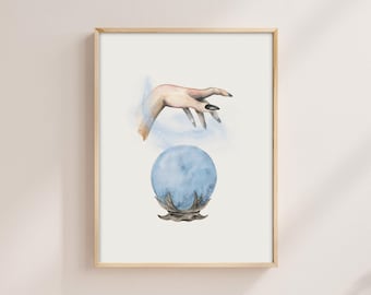 Aquarel kristallen bol print: mystiek heksend decor (digitale download)