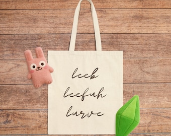Sims-draagtas: 'Leeb Leefuh Lurve' Simlish-citaat, cadeau voor gamer