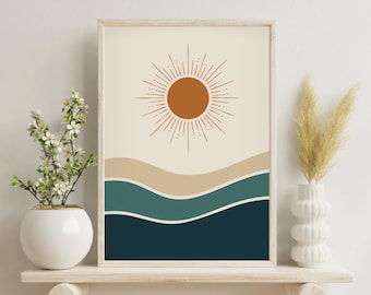 Boho kustzonposter | Minimalistische zon en golven Wall Art Print Decor