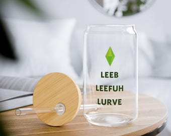 Leeb, Leefuh, Lurve II Simlish-glazen beker | Op De Sims geïnspireerde drinkgerei van 16 oz met bamboe deksel en rietje