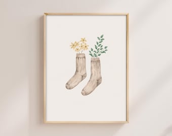 Aquarel sokken met bloemen kunstprint: gezellig botanisch decor (digitale download)