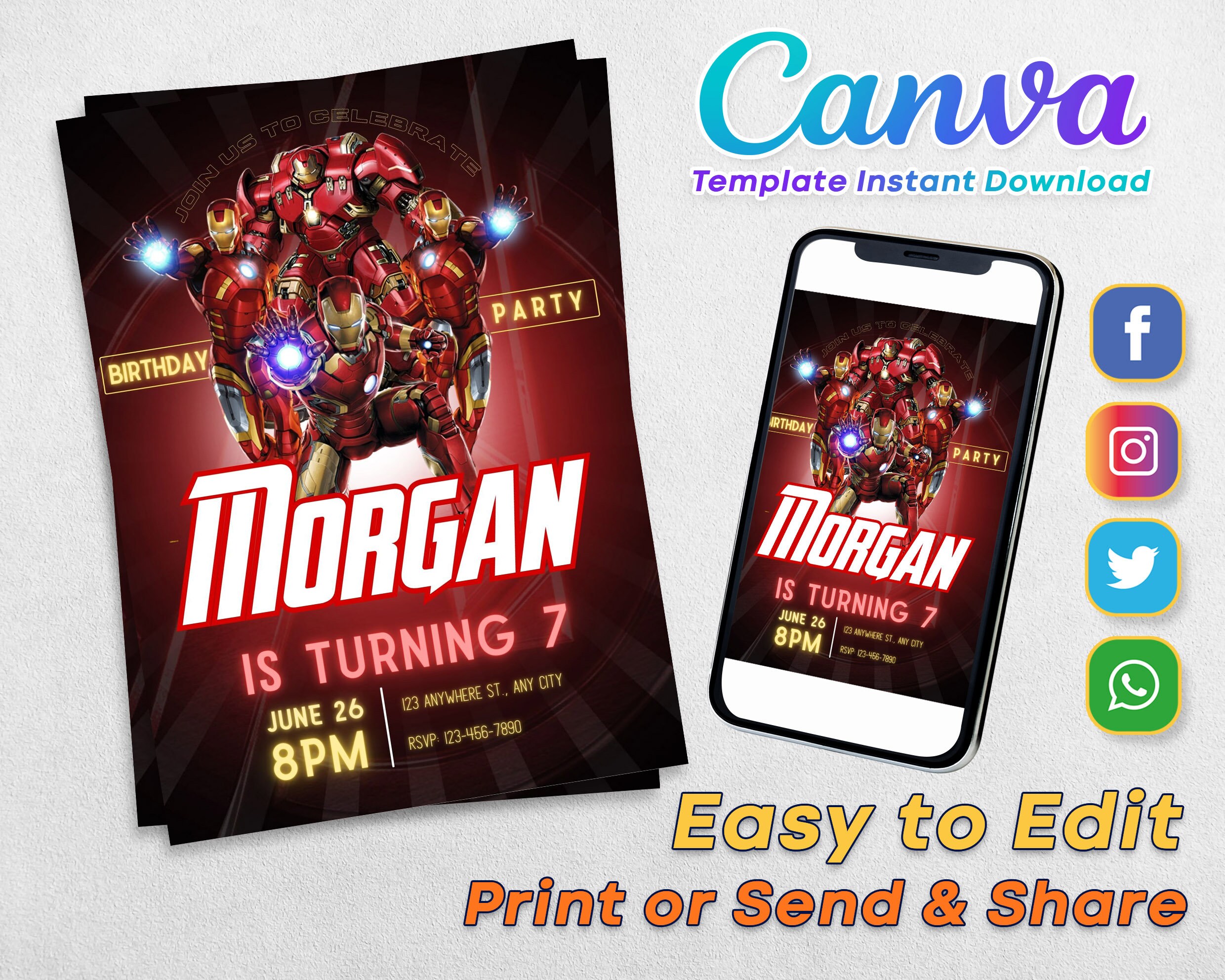 Iron Man Birthday Invitation Template | Digital Birthday Party Invite ...