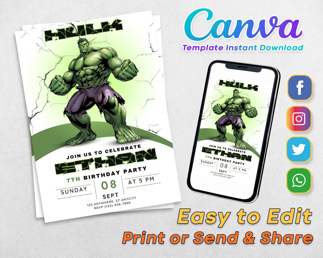 Hulk Editable Invitation Hulk Birthday Invitation Digital Etsy
