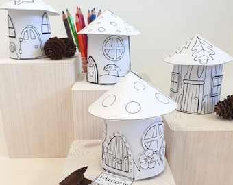 Paper FAIRY HOUSES Printable Activity, Paper Craft Kit, Cut and Colour pages, Arts and Crafts for kids