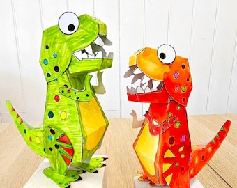 Feuilles de travaux manuels imprimables en papier T-Rex dinosaure, kit de créations manuelles en papier Tyrannosaurus Rex, pages découpées et couleurs, travaux manuels pour enfants