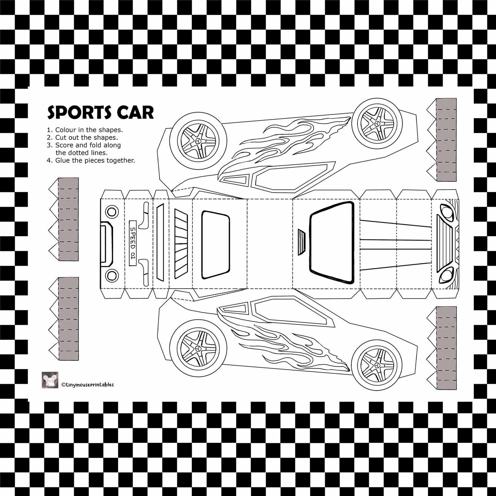 Paper SPORTS CAR Printable Activity, Paper Craft Kit, Cut and Colour Pages, Arts and Crafts for