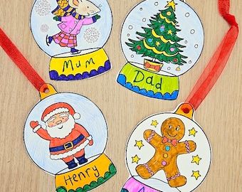 Paper CHRISTMAS SNOW GLOBES,  Tree Decorations to personalise, Snow globe colouring, Christmas Cut and Colour pages.