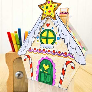 Bauen Sie ein Lebkuchenhaus druckbare Bastelblätter, Aktivitätsblätter, Papierbastelset, Schnitt- und Farbseiten, Kunsthandwerk für Kinder