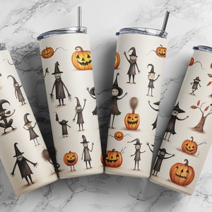 Witches and Pumpkins Whimsical Fall Wrap 20oz Skinny Tumbler Seamless Design