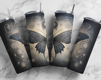 Ornamental Death Moth, Straight Skinny Tumbler 20oz, Neo-traditional Inspired Drawing, Seamless Wrap Design