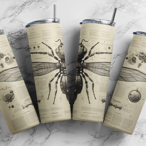 May include: Four stainless steel tumblers featuring a black and white illustration of a steampunk insect with intricate gears and details. The tumblers are displayed on a white marble surface.