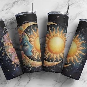 May include: Four stainless steel tumblers with a black background and a colourful illustration of a sun and moon with floral accents.