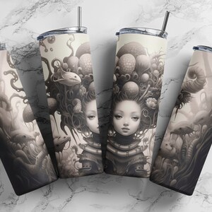 May include: Four stainless steel tumblers with a black and white illustration of a woman with a head full of organic shapes and textures. The woman has a delicate face and is wearing a necklace. The tumblers are a great way to enjoy your favorite beverage.