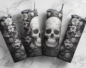 Black and White Ornamental Floral Skull, 20oz Skinny Tumbler Seamless Design