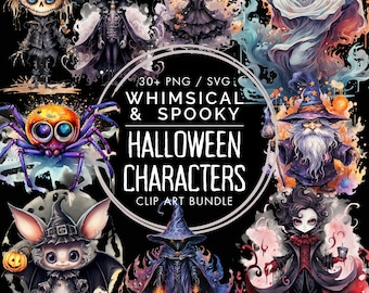 Watercolor Halloween Characters Clip Art Bundle: Whimsical Witchy PNG SVG (Digital Download)