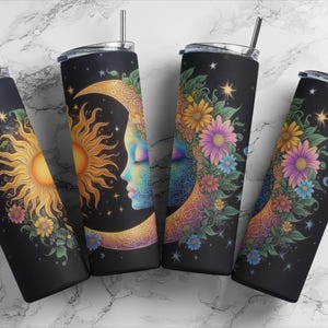 May include: Four stainless steel tumblers with a black background and colourful designs featuring a crescent moon, sun, and flowers. The tumblers have lids and straws.