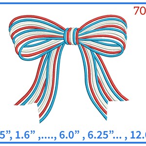 May include: Embroidered bow design in red, white, and blue, with the text "70 Sizes" and size measurements ranging from 1.5" to 12.0". The bow features a striped pattern, suitable for patriotic or festive projects.