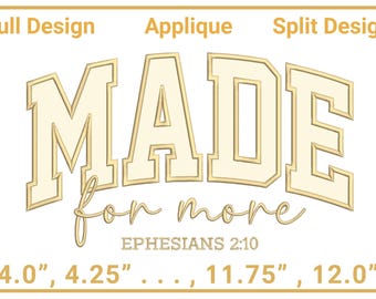 Made For More Applique Embroidery Machine Sign Christian Ephesians 2:10 Design Satin Stitch Designs Embroidery
