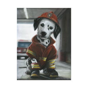 Rolled Poster, Marshall from Paw Patrol, Pastel Painting, Real Dog in Fire Station, Handmade Art, Kids Room Decor