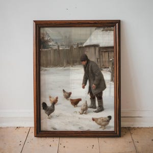 Winter Wall Art Christmas Living Room Print Rustic Farmer Feeding Chickens in Snow Vintage Holiday Painting Printable Snow Wall Decor | 10