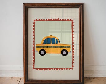 May include: Framed art print featuring a yellow taxi cab illustration. The taxi has black wheels and blue windows, set against a light green background with a red scalloped border. The frame is a dark brown color.