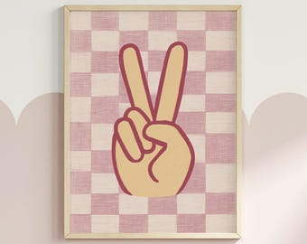 Vredesteken muur kunst meisjes speelkamer print roze ruit kinderkamer decor kinderkamer poster retro handgebaar afdrukbare kunst speelse muurkunst | 03